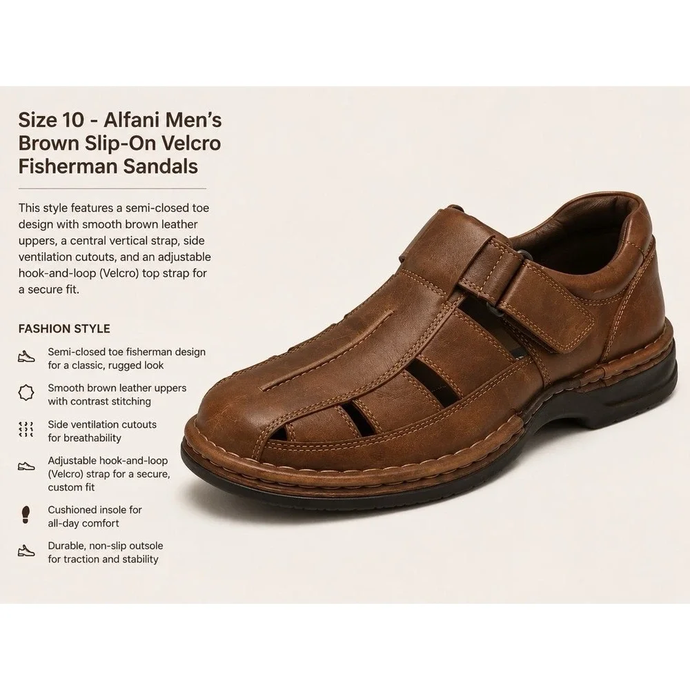 Alfani Men's Size 10 Brown Leather Fisherman Sandals and Comfort Slip-On